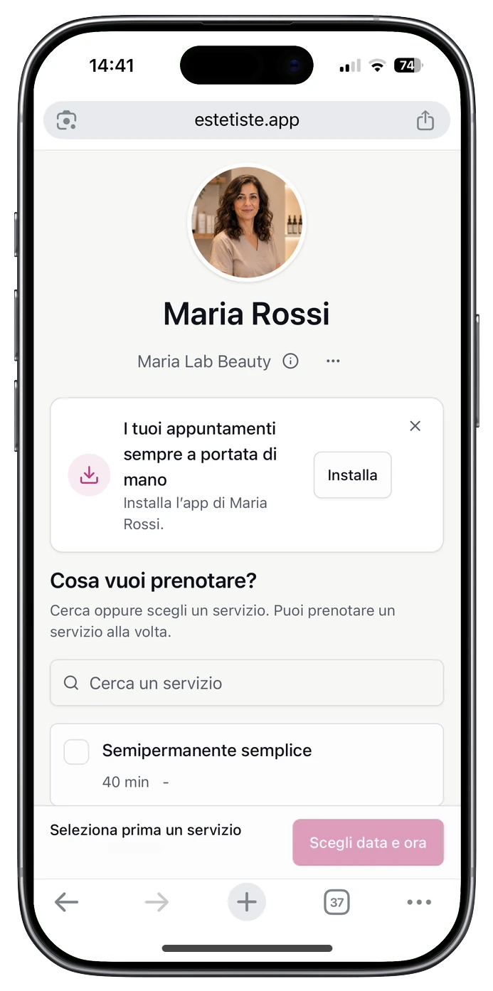 Pagina di prenotazione di Maria Lab Beauty aperta nel browser