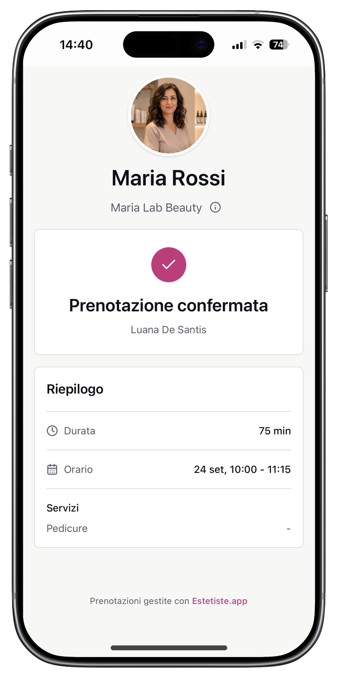 Conferma di un appuntamento beauty mostrata dopo la prenotazione