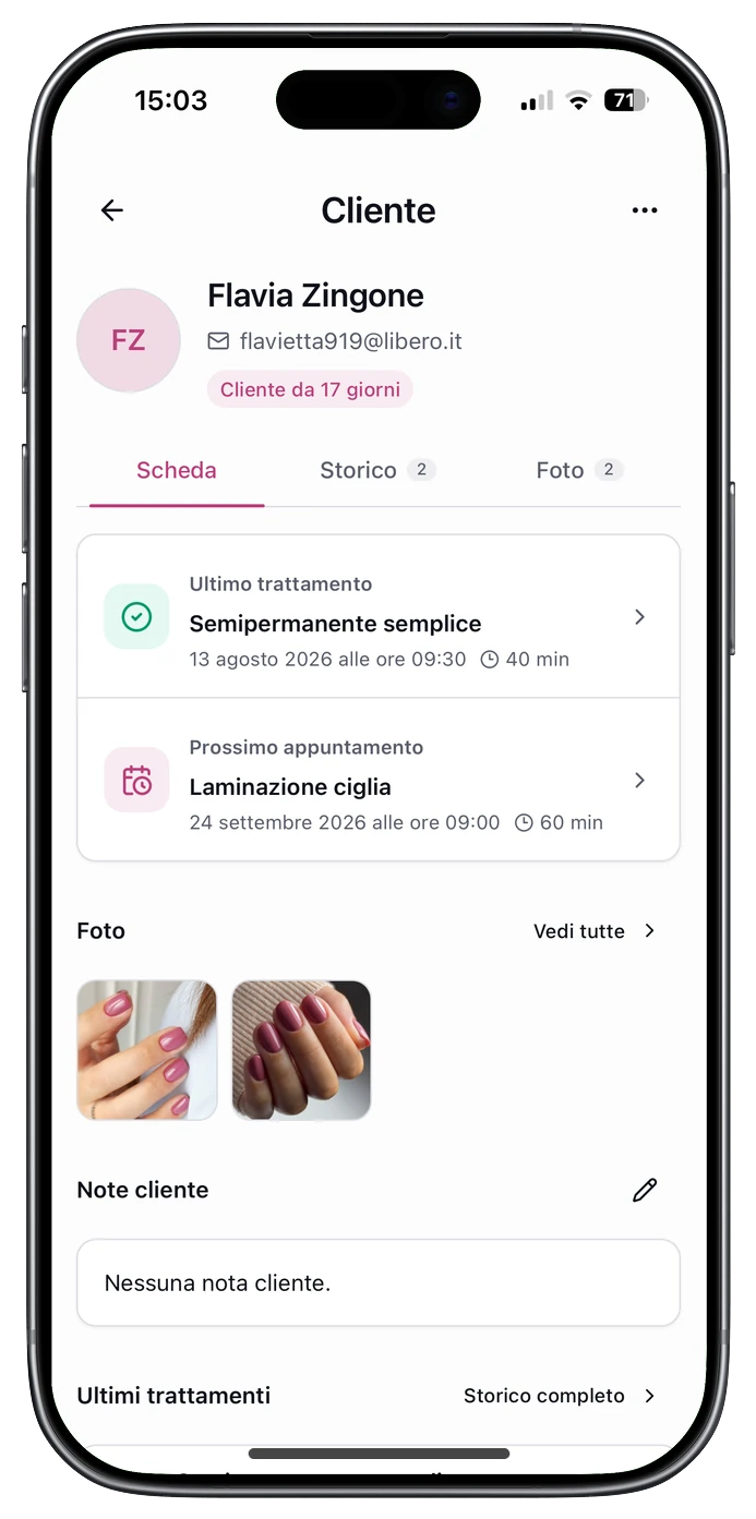 Scheda cliente con trattamenti, appuntamenti, foto e note