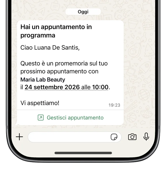 Promemoria WhatsApp di un appuntamento con collegamento alla gestione