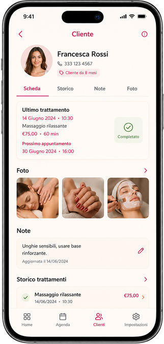 Scheda cliente completa con foto e note